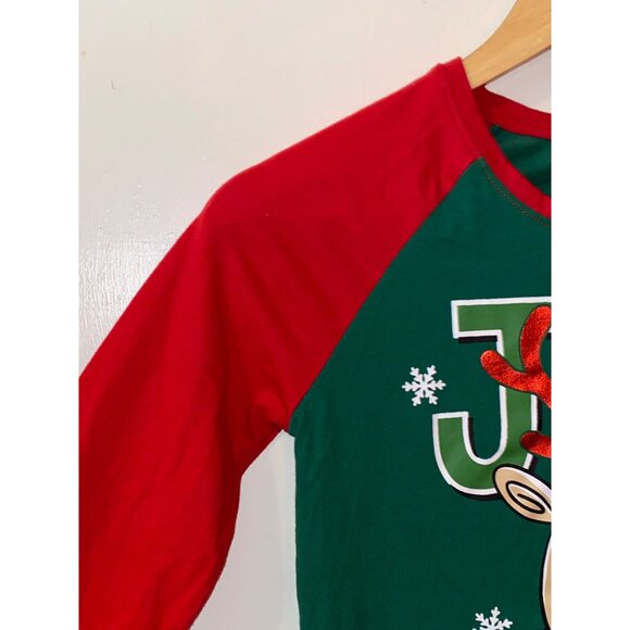 Holiday Time Christmas Raglan Shirt Reindeer Joy Graphic Red & Green Size 10/12 - Picture 4 of 7